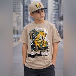 Tan Kids Graphic Tee with Bear Design & hat Sz L 10-12 NWT